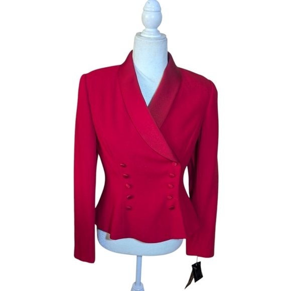 Red Crepe Double-Breasted Peplum Blazer Covered Buttons Satin Lapels NWT Sz 4 - Picture 10 of 11